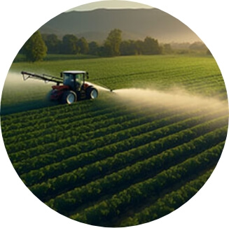 A tractor spraying crops in a field at dawn or dusk with sunlight casting long shadows over the rows of plants.