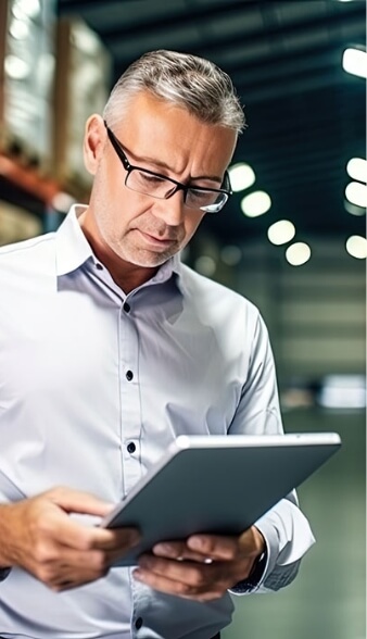 A middle-aged man with glasses reading a tablet in an industrial setting with blurred background lighting.