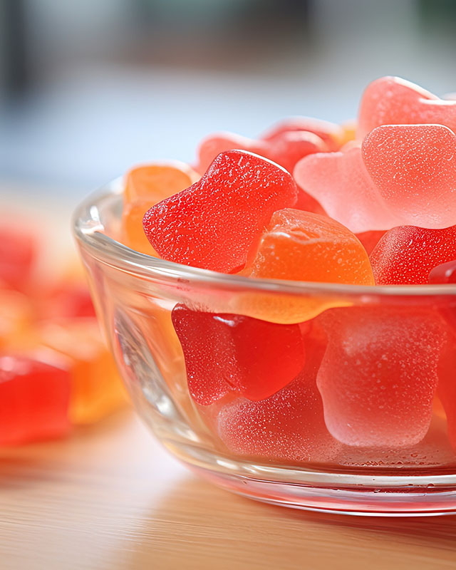 Flavored gummies in glass jar