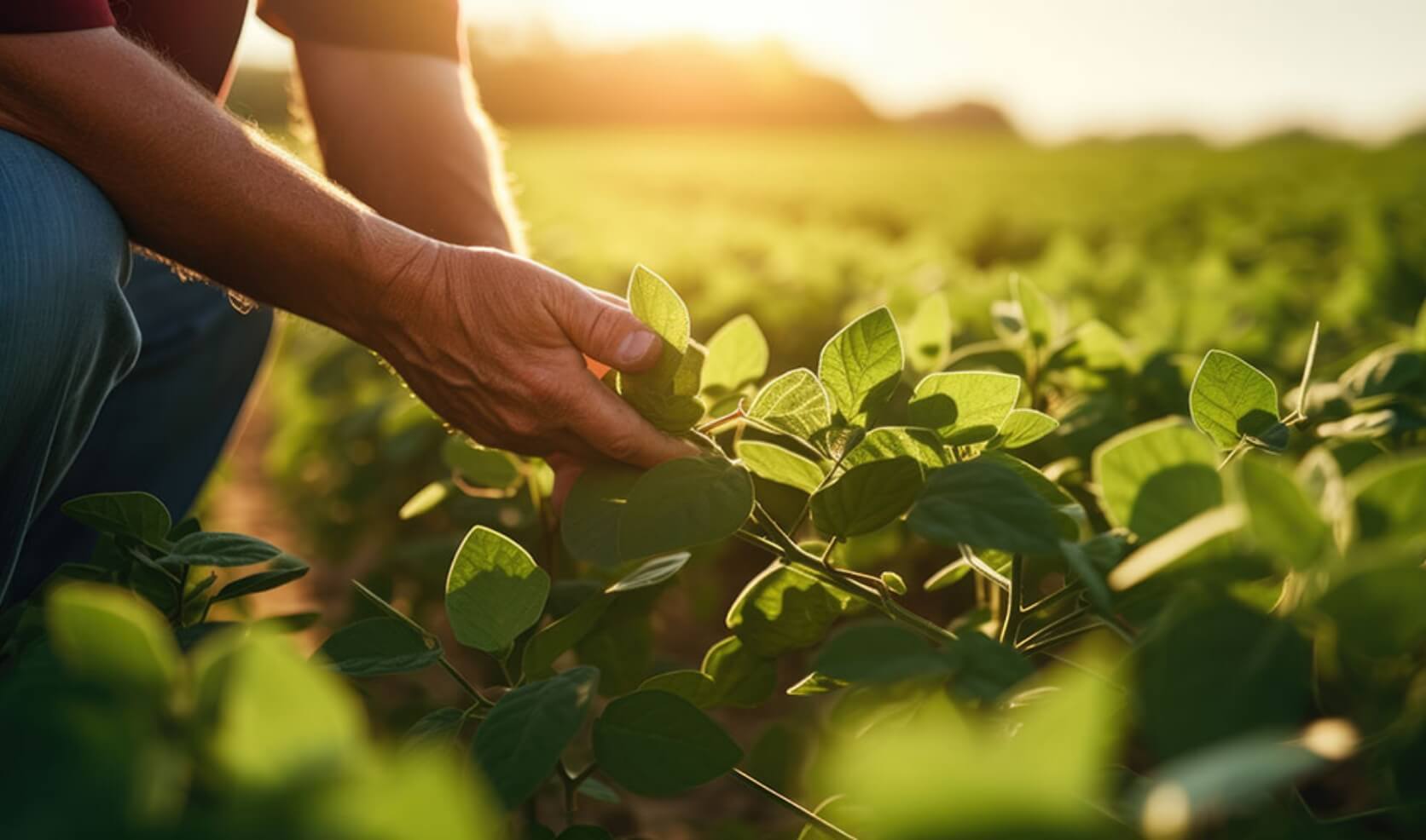 Person in field examining crops