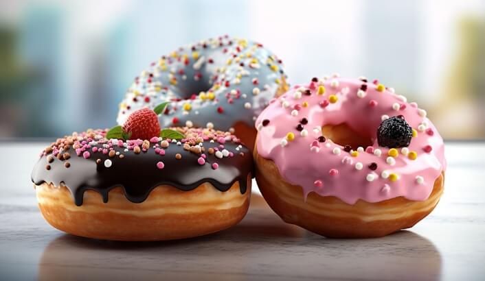 Three donuts on table